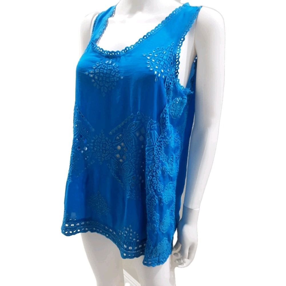 Johnny Was Top Swimwear Cover Up Blue Sz Small Embroidered Cut Out Sleeveless
